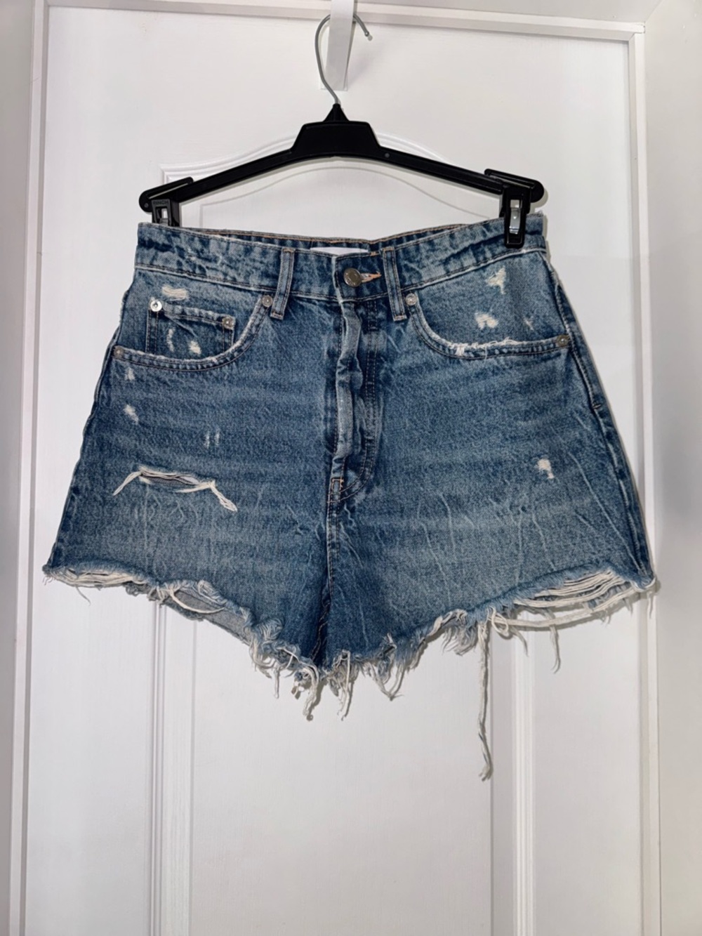 Zara Faded Blue Distressed High-Rise Denim Shorts